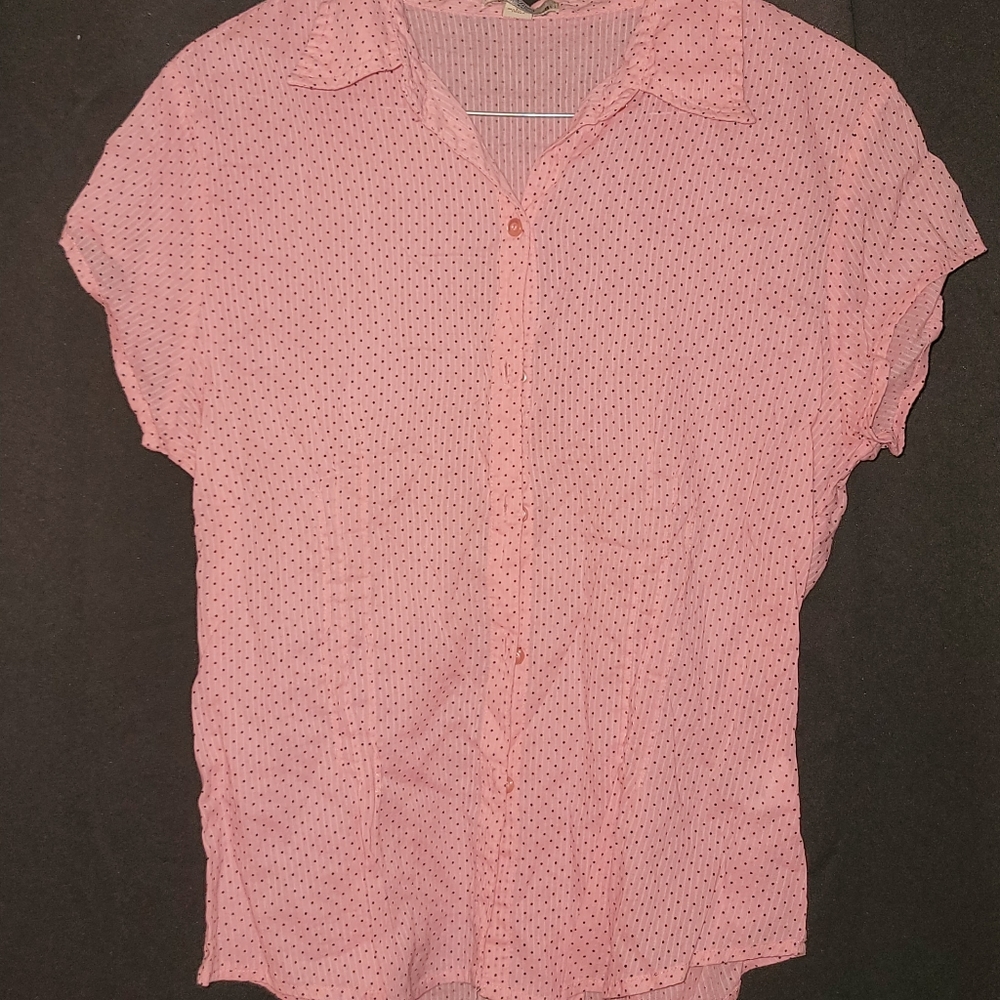 Pink and black polka dot button up- juniors Large